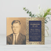 Beerdigung Foto Navy Gold Elegantes Leben Einladung (Stehend Vorderseite)