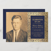 Beerdigung Foto Navy Gold Elegantes Leben Einladung (Vorne/Hinten)