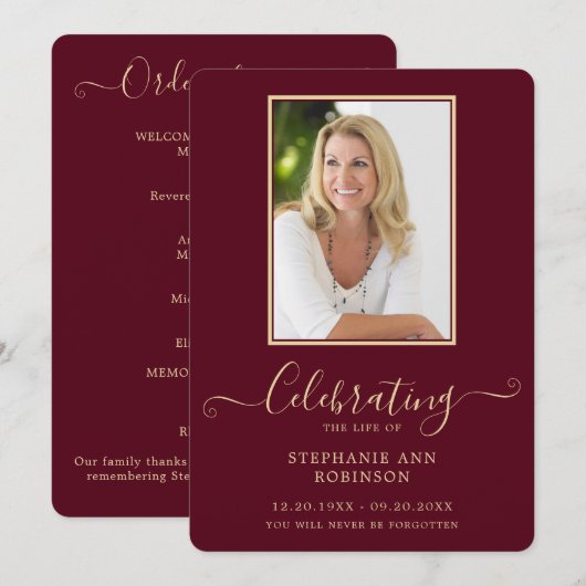 Beerdigung Foto Order of Service Burgundy Gold Programm (Vorne/Hinten)