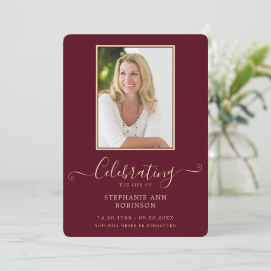 Beerdigung Foto Order of Service Burgundy Gold Programm (Stehend Vorderseite)