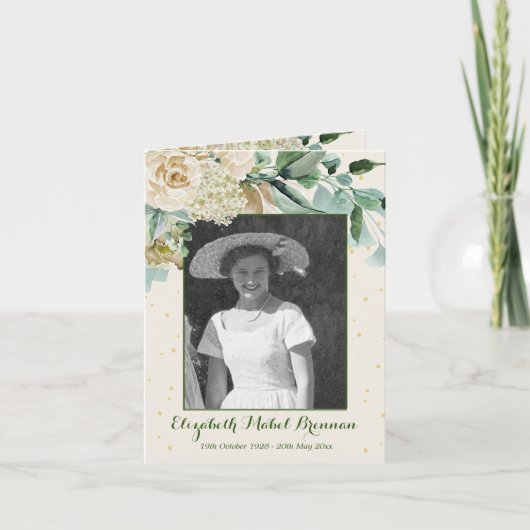 Beerdigung Foto Rose Florenz Elegantes Grün Foliag Einladung (Vorderseite)