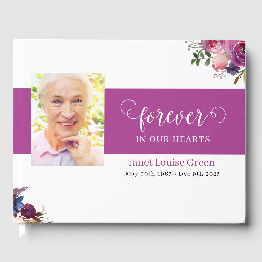 Beerdigung Gästebuch mit Lila Aquarellfarben-Blume (Vorderseite)