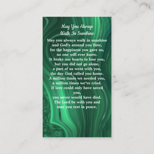 Beerdigung Gebet-Karte Memorial Foto Emerald Green Telefonnummerkarte (Rückseite)