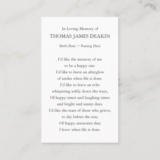 Beerdigung Gedenkstätte Strand Gebet Sympathiekart Visitenkarte (Rückseite)