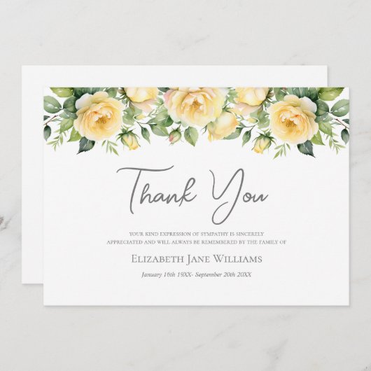 Beerdigung Gelbes Gelbe Rose Dankeskarte (Vorne/Hinten)
