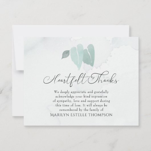 Beerdigung Herz Dank Watercolor Herz Blätter Dankeskarte (Vorderseite)