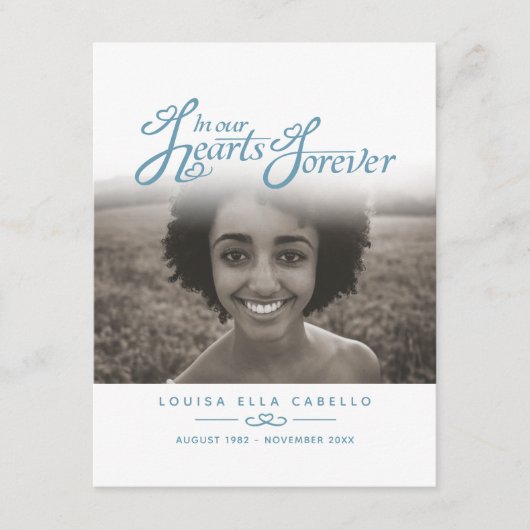 Beerdigung in unseren Herzen blaues Foto Gedicht K Begleitkarte (Vorderseite)