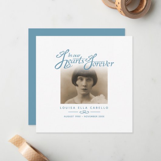 Beerdigung in unseren Herzen danke dir weiß blau Mitteilungskarte (Vorderseite/Rückseite Beispiel)