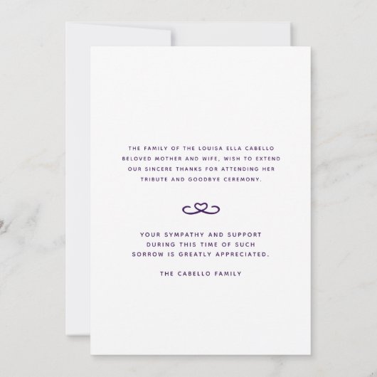 Beerdigung in unseren Herzen lila Dankeschön Karte (Rückseite)