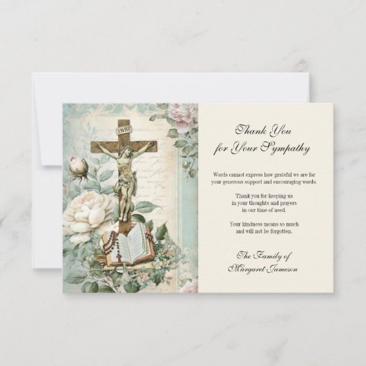 Beerdigung katholische Jesus-Rose überqueren Beile Dankeskarte (Vorderseite)