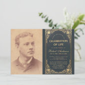 Beerdigung Life Celebration Foto Vintag Blue Gold Einladung (Stehend Vorderseite)
