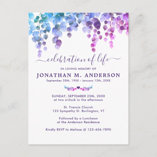 Beerdigung Lila Grünpflanzen Feier des Lebens Einladungspostkarte (Vorderseite)