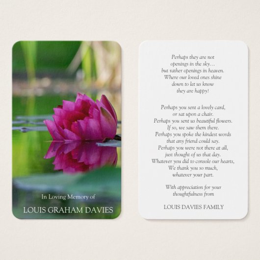 Beerdigung Lily Pond Gedenkstätte Gebet Sympathie (Vorne & Hinten)