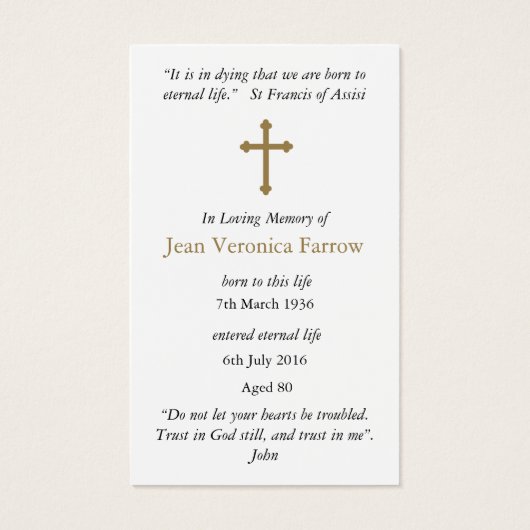 Beerdigung Mary Loss Gebet Sympathiekarten (Rückseite)