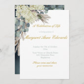 Beerdigung Memorial Floral Blue Gold Foto Einladung (Vorne/Hinten)