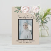 Beerdigung Memorial Foto Beige Rose Danke Karte (Stehend Vorderseite)