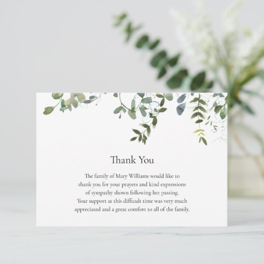 Beerdigung Memorial Greenery Vielen Dank Note Card Dankeskarte (Stehend Vorderseite)