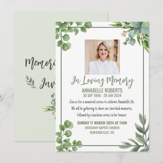 Beerdigung mit Eukalyptus-Blätter Einladung (Vorne/Hinten)