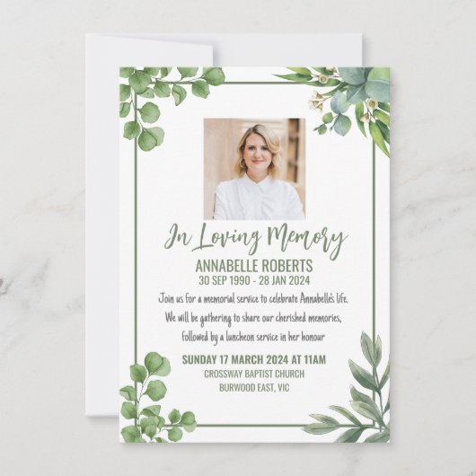 Beerdigung mit Eukalyptus-Blätter Einladung (Vorderseite)