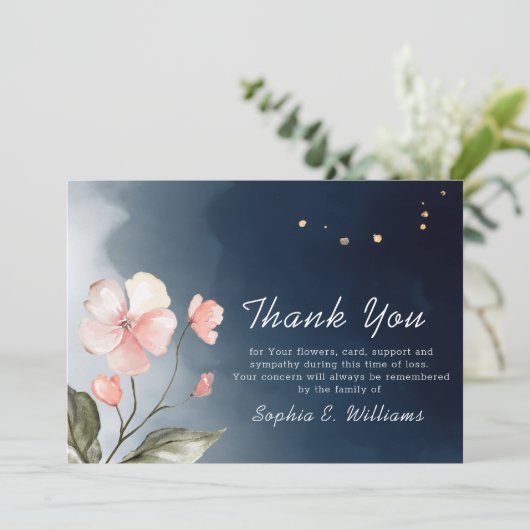 Beerdigung Navy Blue Elegant Blumenkarte Danke Kar (Stehend Vorderseite)