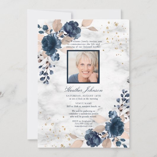 Beerdigung Navy Blush Pink Marmor Blumenmuster Fot Einladung (Vorderseite)