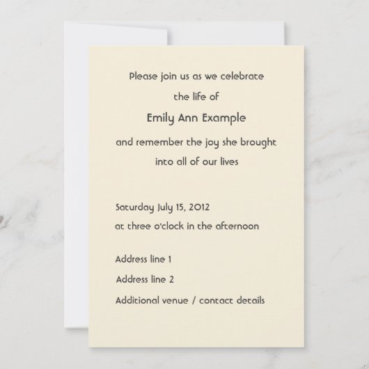 Beerdigung oder Gedenkfeier des personalisierten F Ankündigung (Rückseite)