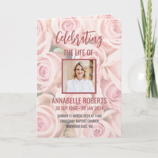 Beerdigung Programm - Bouquet der weichen rosa Ros (Vorderseite)