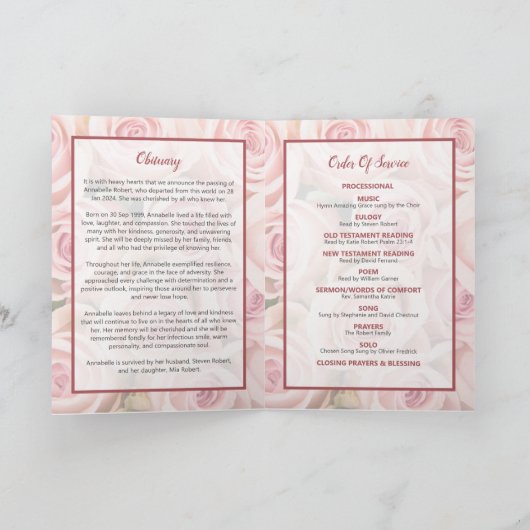 Beerdigung Programm - Bouquet der weichen rosa Ros (Innenseite)