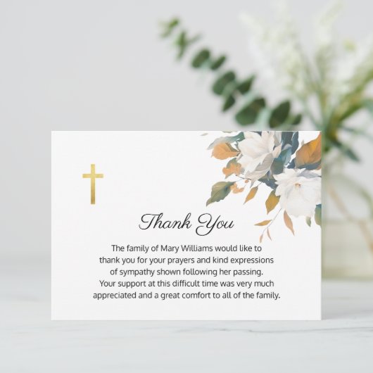 Beerdigung religiöses Gedenkmal Weißes Blumenkreuz Dankeskarte (Stehend Vorderseite)