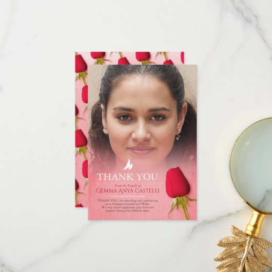 Beerdigung rote Rose Foto Familie danke Karte (Vorderseite/Rückseite Beispiel)