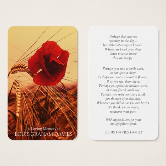 Beerdigung Roter Mohngebet Sympathiekarten (Vorne & Hinten)