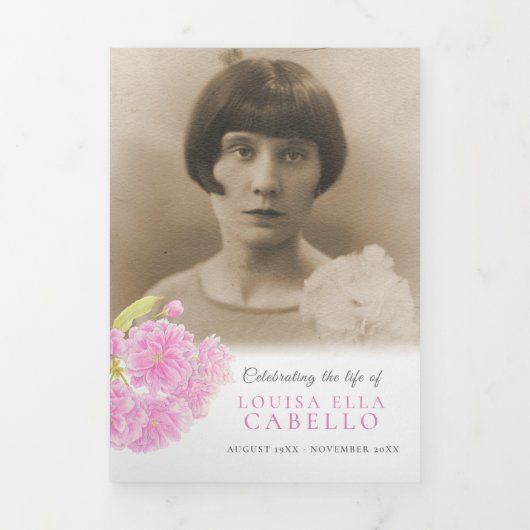 Beerdigung Service-Programm rosa Blüte Foto 6pp Dreifach-gefaltete Programmkarte (Cover)