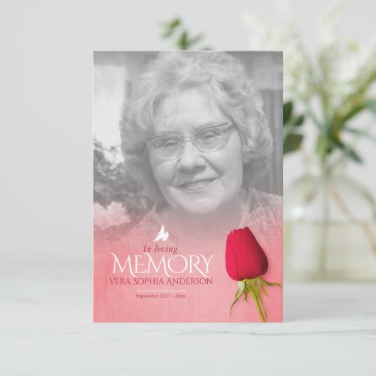 Beerdigung Single rote Rose Foto Gedenkgedicht (Stehend Vorderseite)