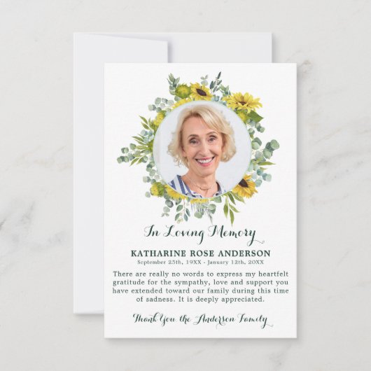 Beerdigung Sonnenblumen Eukalyptus Foto Beileid Dankeskarte (Vorderseite)