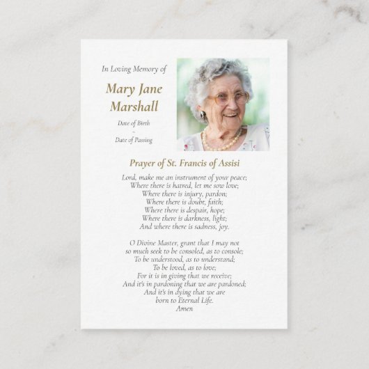 Beerdigung St. Francis vom Assisi Beileid Gebetska Visitenkarte (Rückseite)
