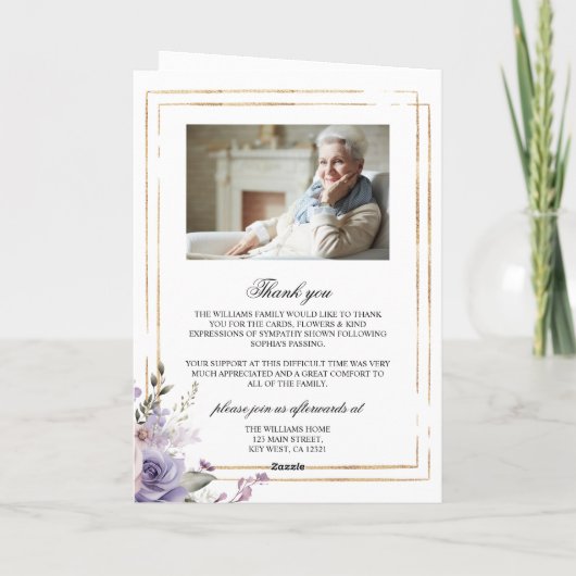Beerdigung von Beerdigungen von Fotos mit lila und Karte (Rückseite)