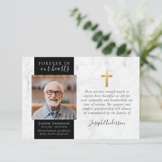 Beerdigung von Beileid mit Goldkreuz-Foto Dankeskarte (Stehend Vorderseite)