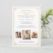 Beerdigung von Leben Beerdigung Gold Weißes 3 Foto Einladung (Stehend Vorderseite)