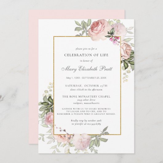 Beerdigung von Lebensbeerdigung Gedenkstätte Rosa Einladung (Vorne/Hinten)