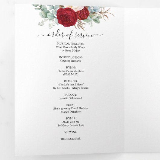 Beerdigung von Roten Wasserfarben Dreifach-gefaltete Programmkarte (Innen Erste Seite)