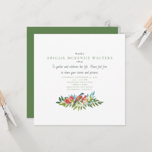 Beerdigung von Vögeln und Granatapfel - Lebensfeie Einladung (Vorderseite/Rückseite Beispiel)