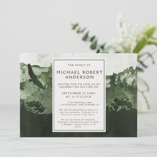 Beerdigung von Wasserfarbenwäldern Einladung (Stehend Vorderseite)