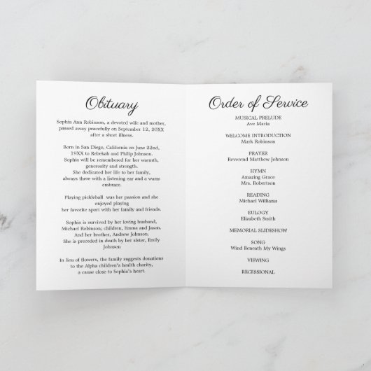 Beerdigungsauftrag des Fotos Programm (Innenseite)