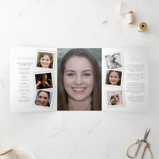 Beerdigungsdenkmal-Programm Snap-Fotos peach Dreifach-gefaltete Programmkarte (Innenseite)