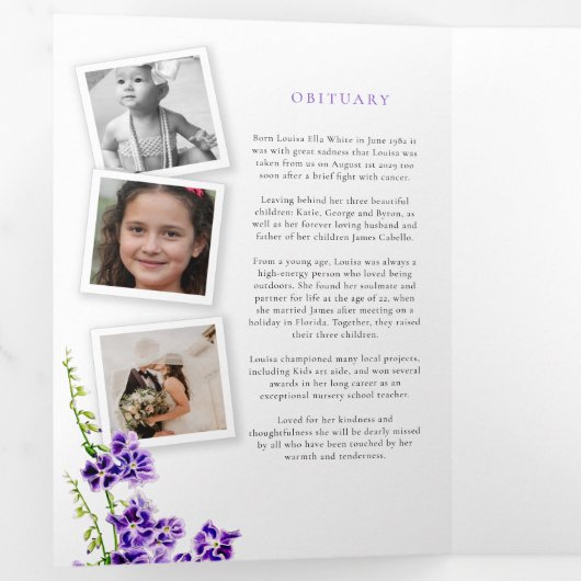 Beerdigungsdenkprogramm lila Himmelsblütenkunst Dreifach Gefaltete Einladung (Innen Erste Seite)