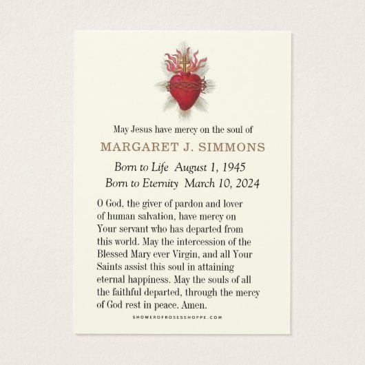 Beerdigungskarte des katholischen Beileids (Rückseite)