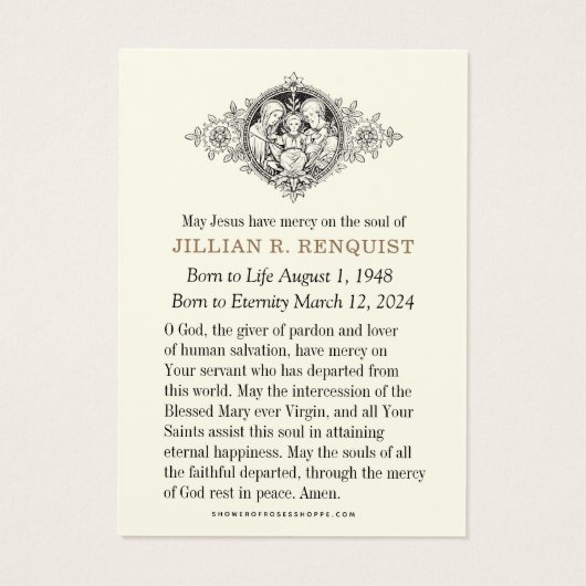 Beerdigungskarte des katholischen Beileids (Rückseite)