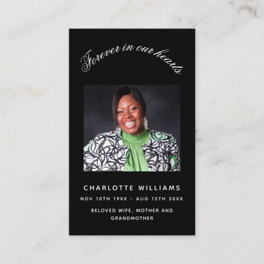 Beerdigungskarte des Schwarzen Fotos Visitenkarte (Vorderseite)