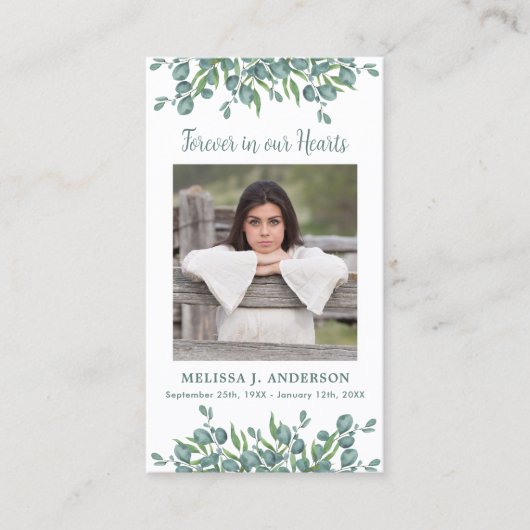 Beerdigungskarte Eukalyptus Beileid Foto Telefonnummerkarte (Vorderseite)