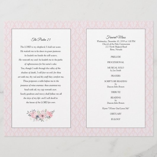 Beerdigungsmassenprogramm | Rosa florale Damaskus Flyer (Hinten)